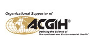 Het officiële logo van de ondersteunende organisatie van ACGIH, met een gouden lettertype in de vorm van een wereldbol en de slogan van de organisatie op een witte achtergrond.