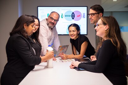 Zes medewerkers van Colgate-Palmolive in een vergaderruimte die een productconcept bespreken, met een presentatiedia op een scherm achter hen.