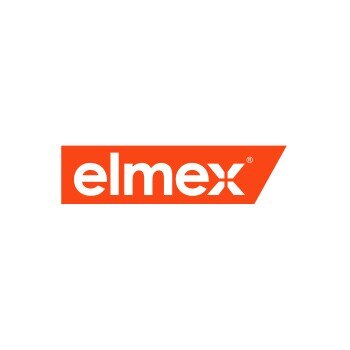 Das offizielle Logo der Mundpflegemarke Elmex in weißen Buchstaben innerhalb eines orangefarbenen Rechtecks auf weißem Hintergrund.
